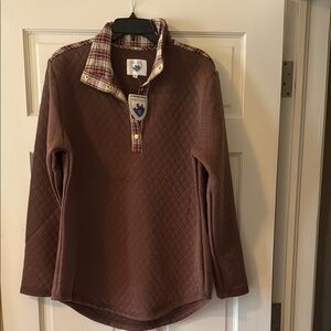 Brown Quarter-Zip Fleece Jacket with Plaid Collar